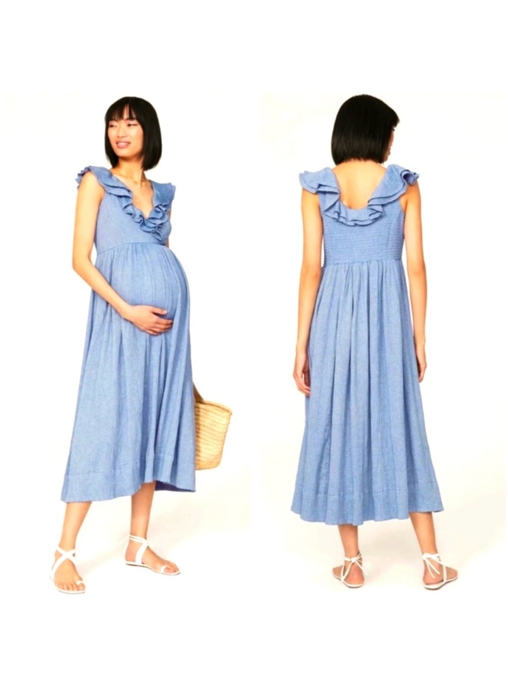 Hatch Light Blue Ruffle Maternity Midi Dress - Hatch Size 1 (Size 2-4)